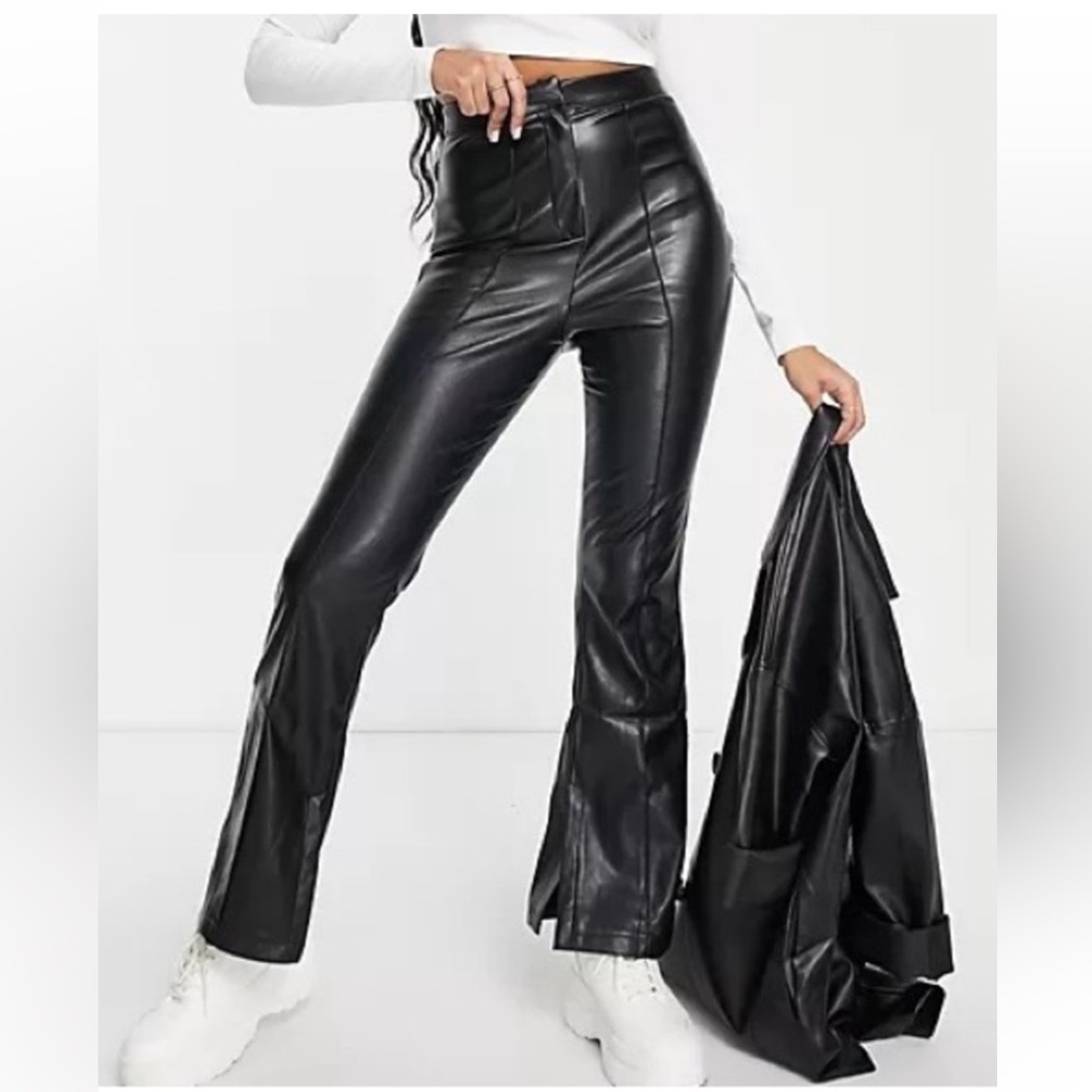 ASOS by design black faux leather high rise ankle kick split flare leg trousers